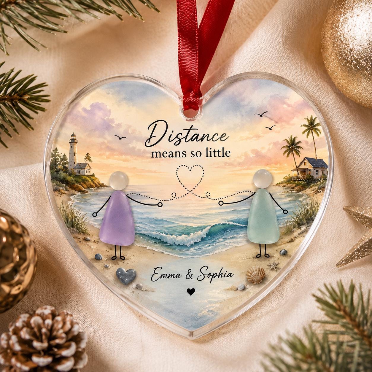 Personalized Long Distance Sister Best Friend Glass Ornament, Custom Beach Heart Keepsake, Miles Apart Christmas Gift Sister Holiday Decor