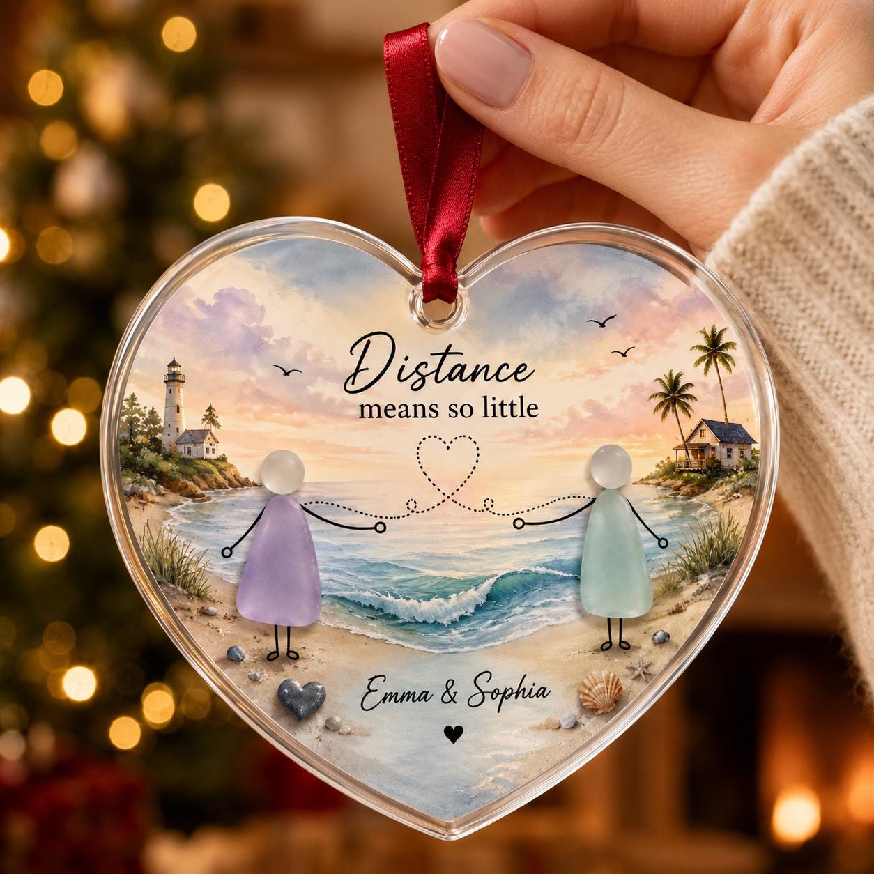 Personalized Long Distance Sister Best Friend Glass Ornament, Custom Beach Heart Keepsake, Miles Apart Christmas Gift Sister Holiday Decor