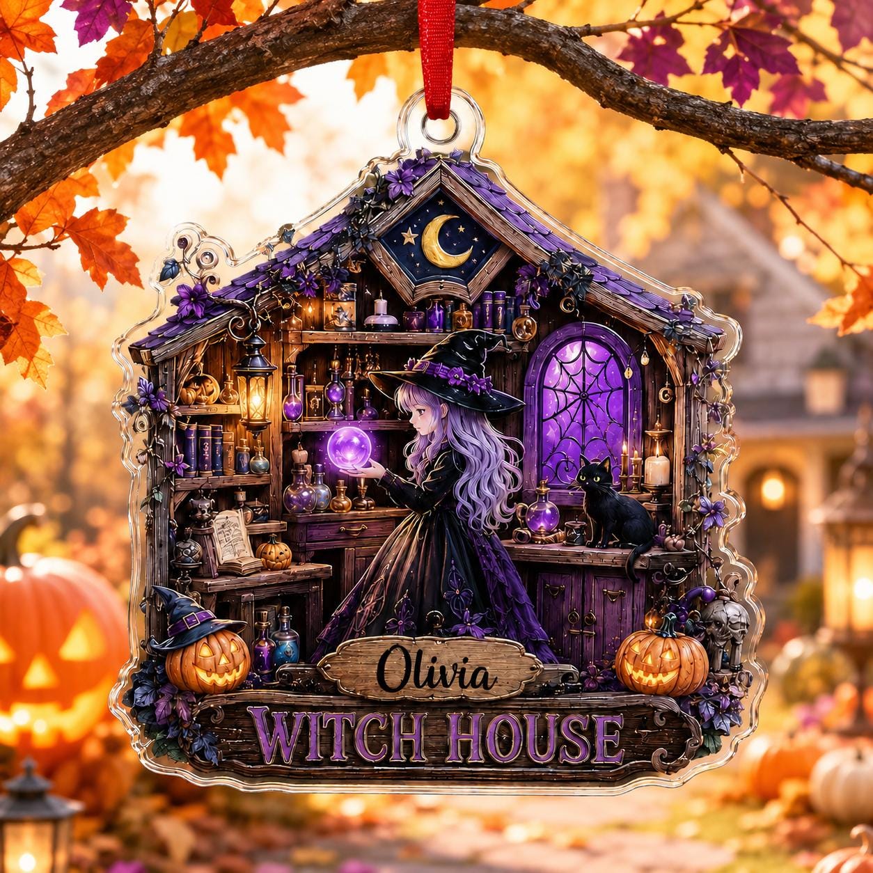 Personalized Witch House Ornament, Custom Name Halloween Ornament, Acrylic Witchy Decor, Black Cat Gift, Spooky Halloween Keepsake