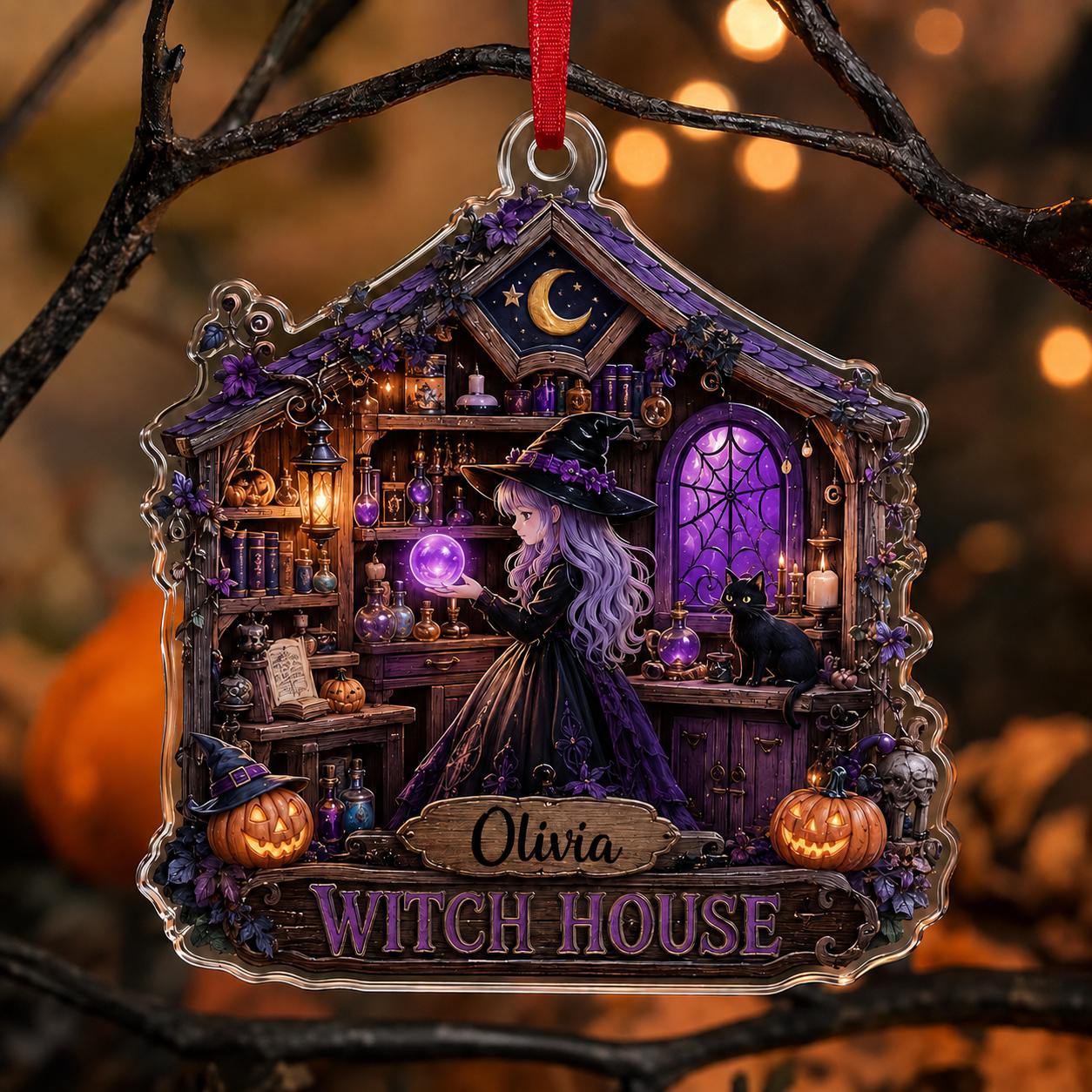 Personalized Witch House Ornament, Custom Name Halloween Ornament, Acrylic Witchy Decor, Black Cat Gift, Spooky Halloween Keepsake
