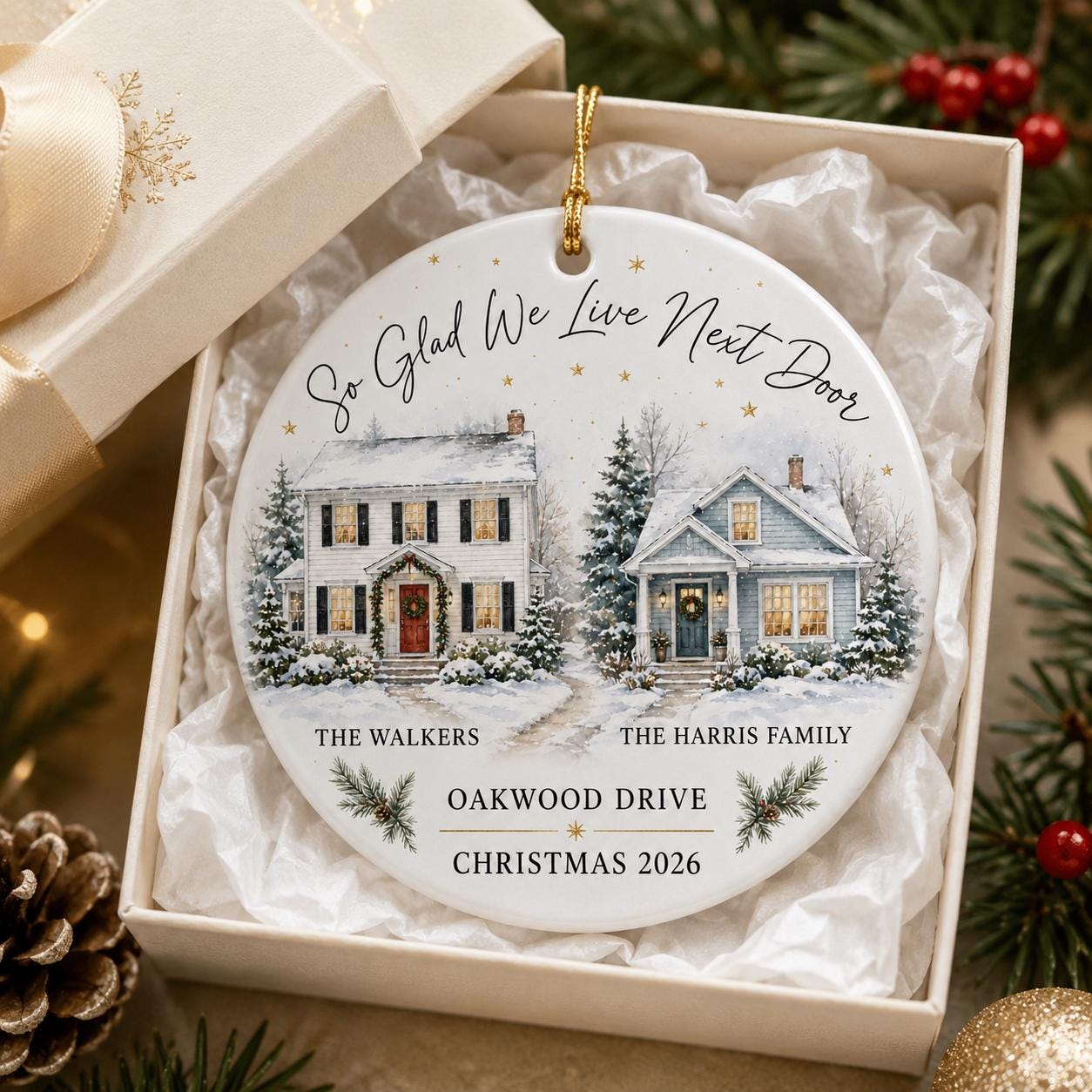 Personalized Neighbor Christmas Ornament, Custom Ceramic House Ornament, New Neighbor Gift, Family Names and Street, Christmas 2026 Neighbor