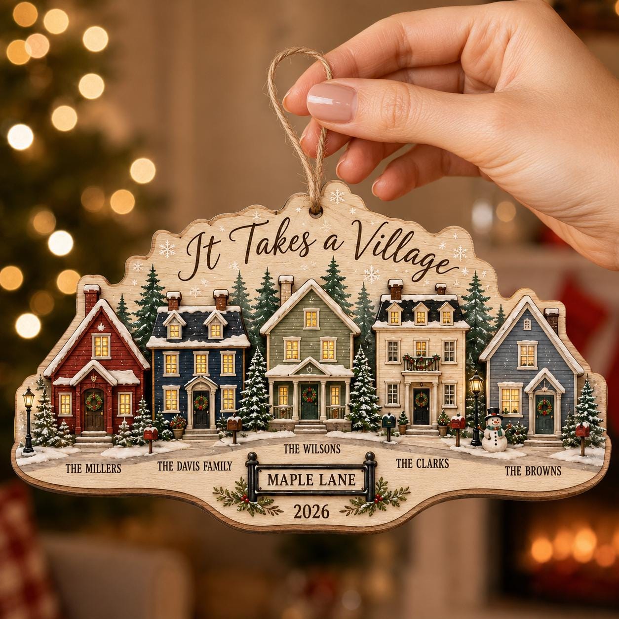 Personalized Neighborhood Christmas Ornament, It Takes a Village Wooden Ornament, Custom Family Names Street Gift, Neighbor Keepsake