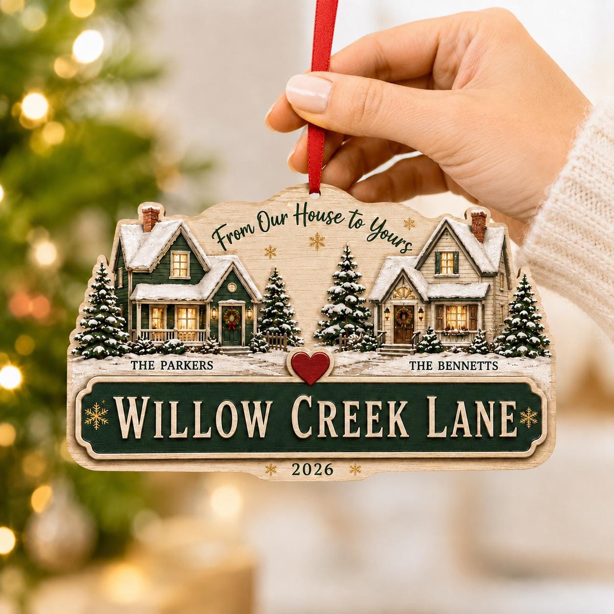 Personalized Neighbor Christmas Ornament, From Our House to Yours, Custom Family Names and Street Sign, Wooden Holiday Gift 2026