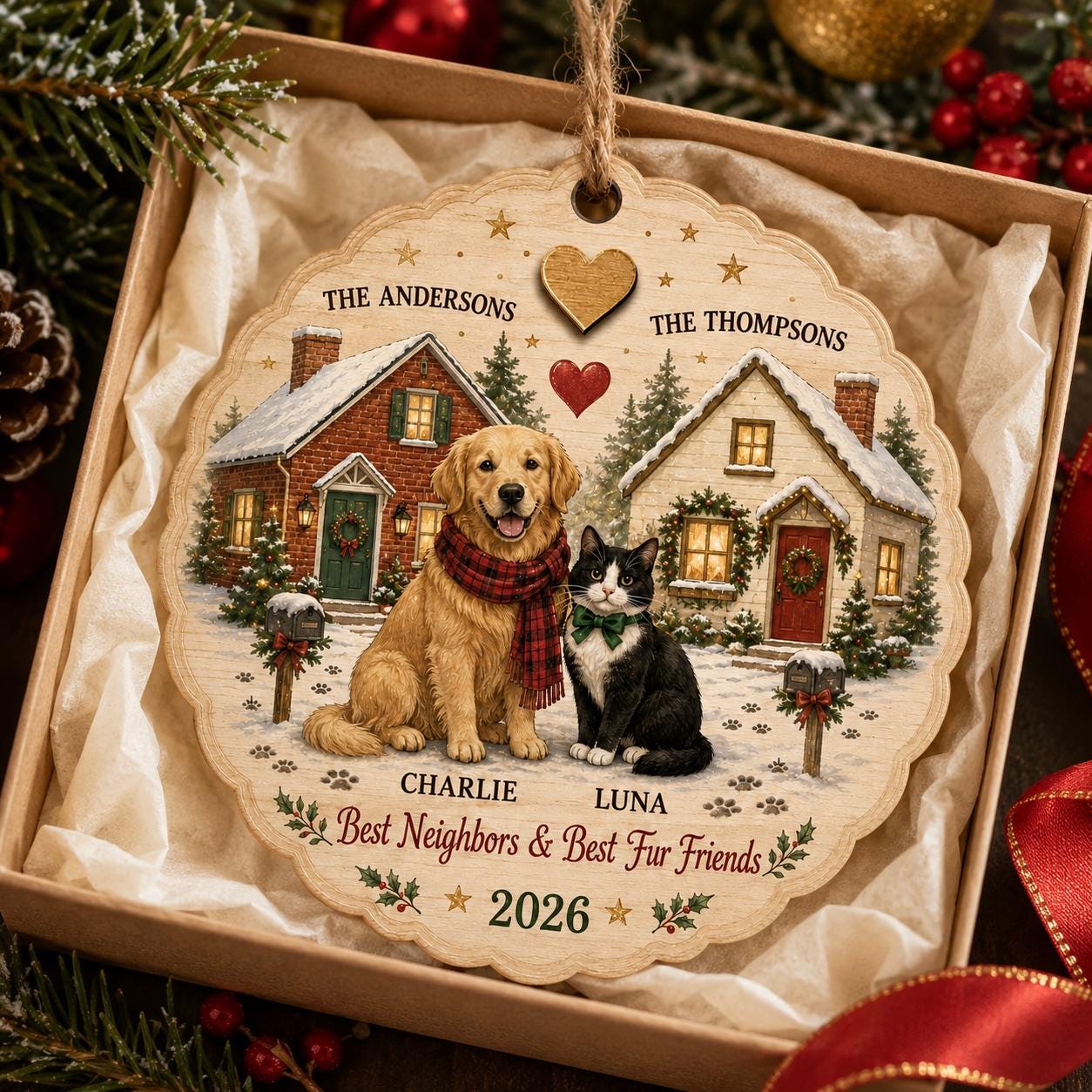 Personalized Pet Neighbor Christmas Ornament, Custom Dog Cat Names, Best Neighbors and Fur Friends, Family Holiday Keepsake 2026
