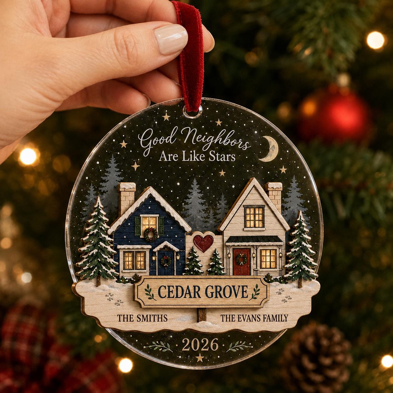 Personalized Neighbor Christmas Wood Acrylic Ornament, Good Neighbors Are Like Stars, Custom Family Names and Street,Gift 2026 Christmas
