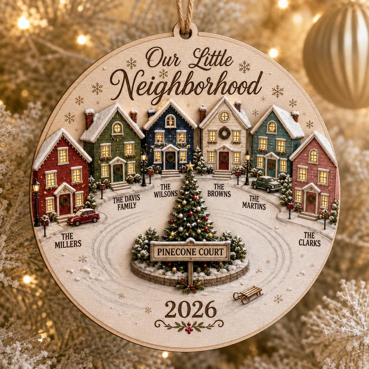 Personalized Neighborhood Christmas Ornament, Custom Family Names and Street Sign, Our Little Neighborhood Wooden Ornament 2026