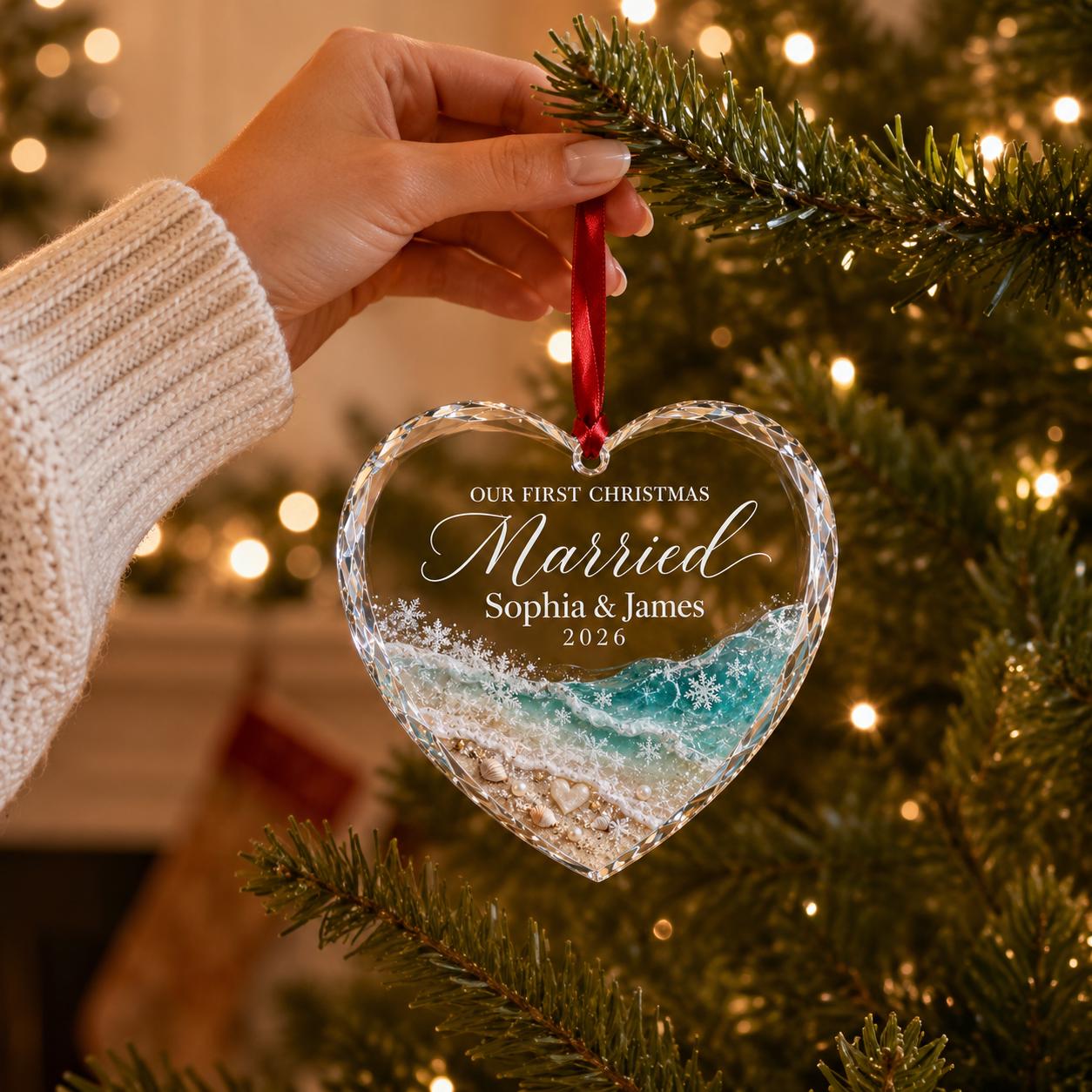 First Christmas Married Glass Heart Ornament, Personalized Beach Wedding Ornament, Custom Couple Christmas Keepsake, Coastal Wedding 2026