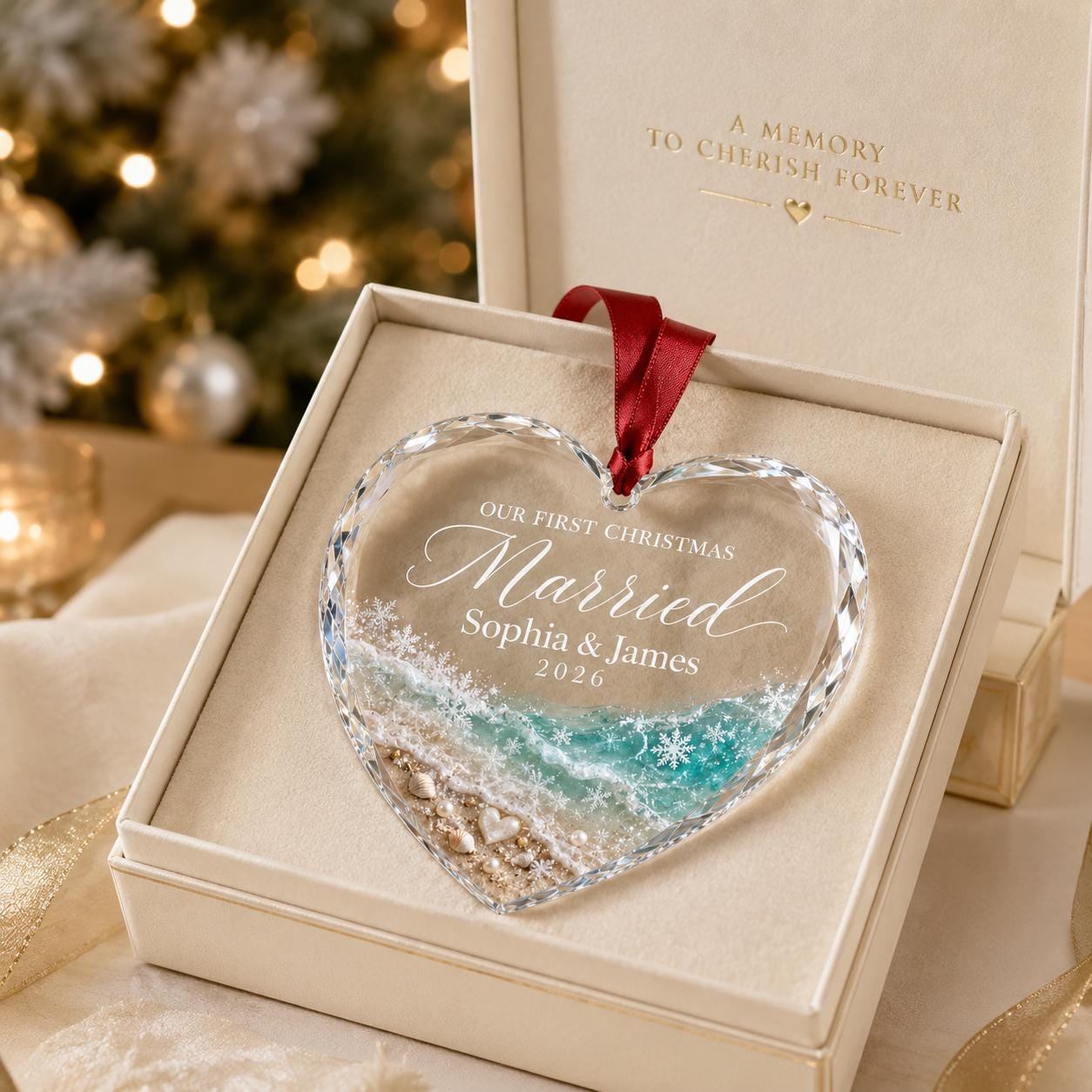 First Christmas Married Glass Heart Ornament, Personalized Beach Wedding Ornament, Custom Couple Christmas Keepsake, Coastal Wedding 2026