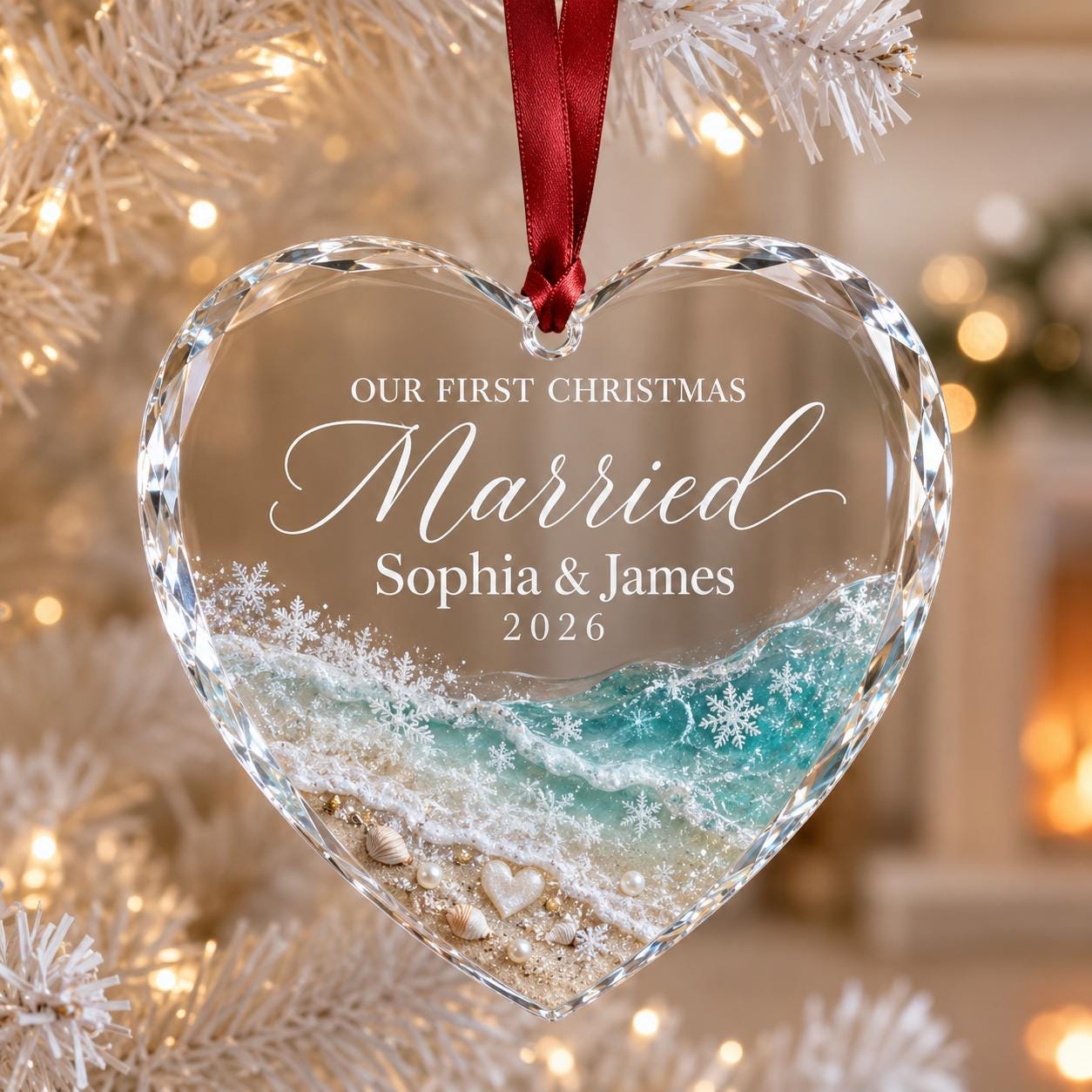 First Christmas Married Glass Heart Ornament, Personalized Beach Wedding Ornament, Custom Couple Christmas Keepsake, Coastal Wedding 2026