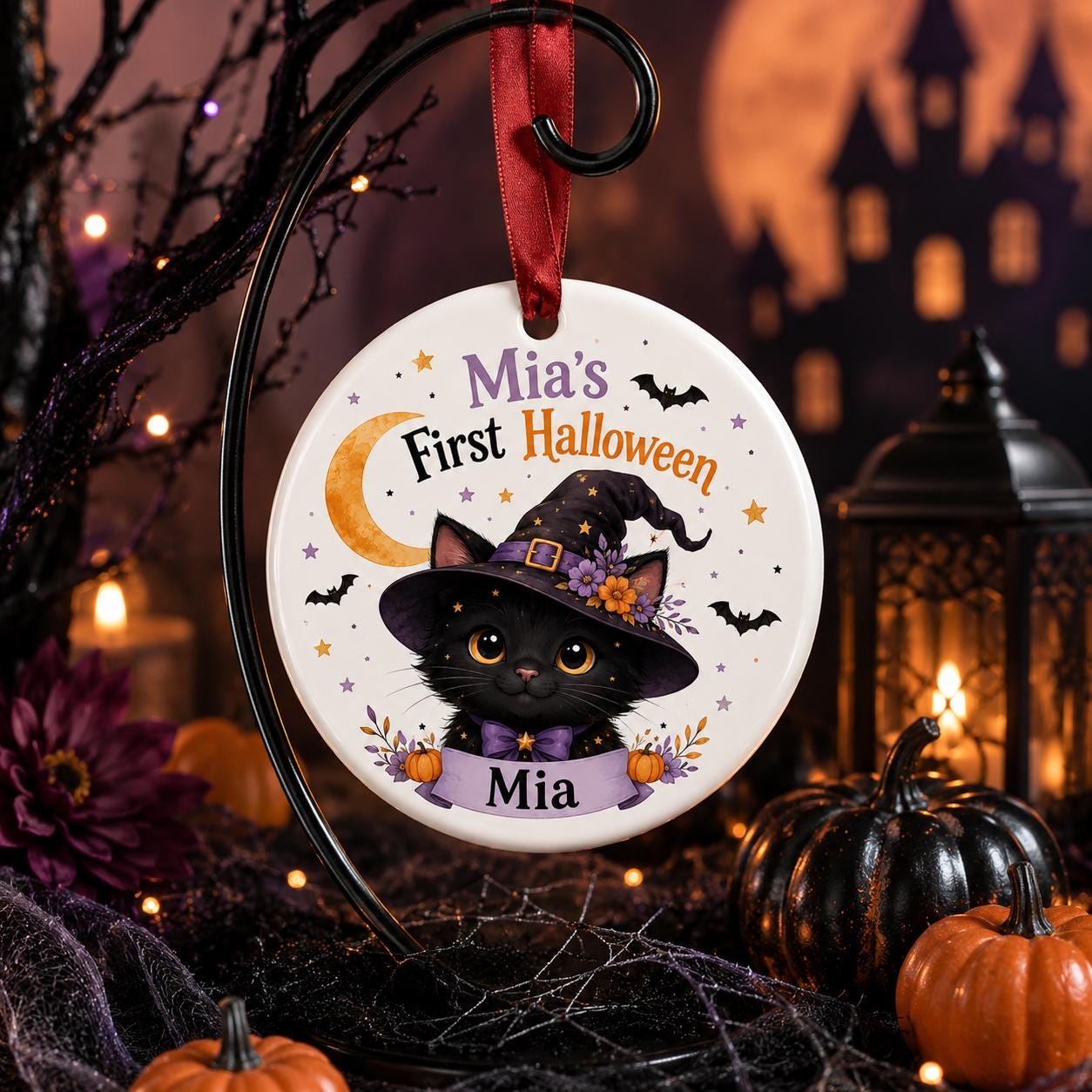 Personalized First Halloween Ornament, Baby Halloween Ornament, Witch Cat Halloween Keepsake, Baby's First Halloween Gift, Ceramic Ornament