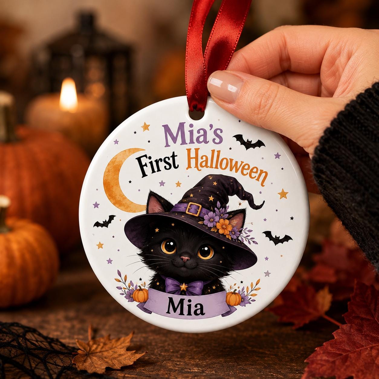 Personalized First Halloween Ornament, Baby Halloween Ornament, Witch Cat Halloween Keepsake, Baby's First Halloween Gift, Ceramic Ornament