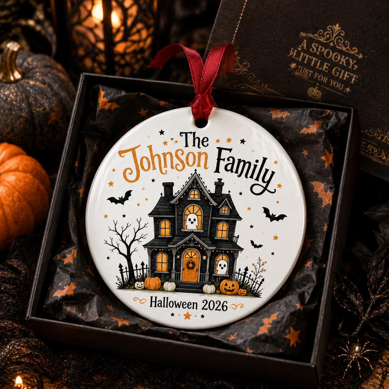 Personalized Family Halloween Ornament, Custom Haunted House Ceramic Ornament, Halloween Family Keepsake, Haunted House Halloween Decor