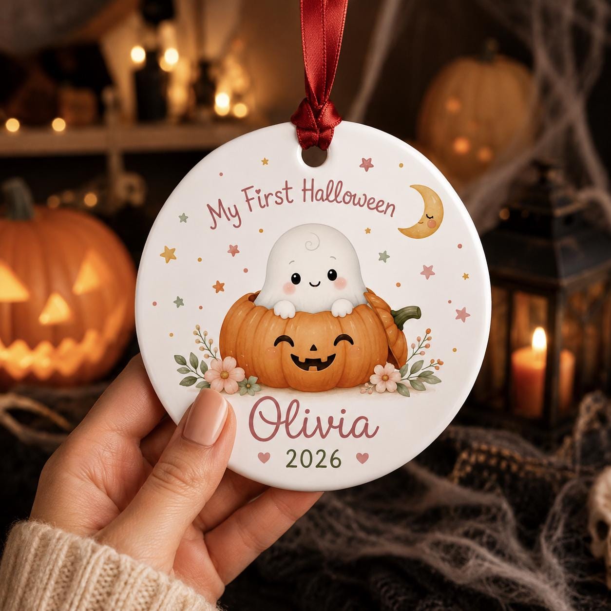 Personalized Baby First Halloween Ornament, Cute Ghost Pumpkin Ceramic Ornament, My First Halloween Keepsake, Custom Baby Halloween Gift