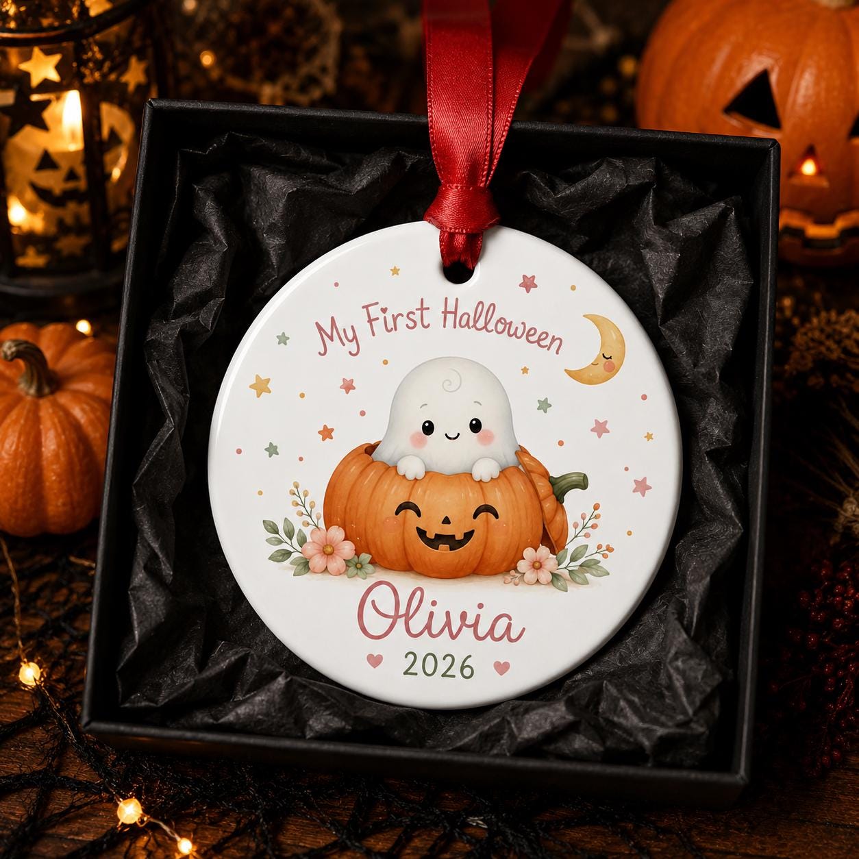 Personalized Baby First Halloween Ornament, Cute Ghost Pumpkin Ceramic Ornament, My First Halloween Keepsake, Custom Baby Halloween Gift