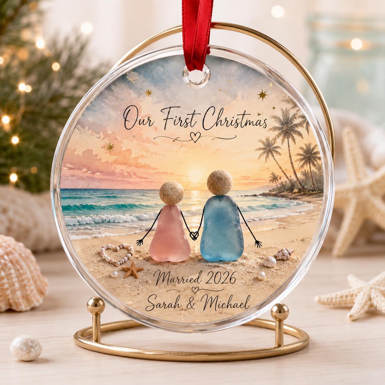 Our First Christmas Ornament 2026, Personalized Beach Couple Ornament, Married 2026 Keepsake, Coastal Christmas Gift for Newlyweds