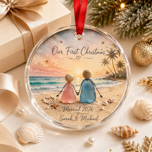 Our First Christmas Ornament 2026, Personalized Beach Couple Ornament, Married 2026 Keepsake, Coastal Christmas Gift for Newlyweds