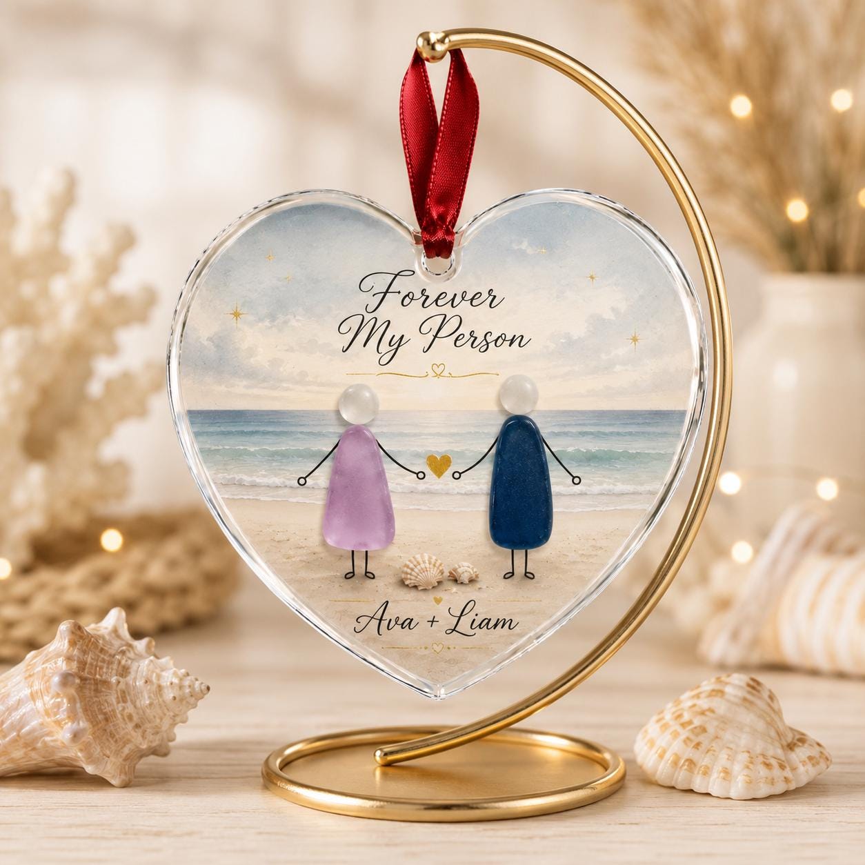 Forever My Person Heart Ornament, Personalized Couple Christmas Ornament, Beach Pebble Art Acrylic Ornament, Romantic Gift for Couples