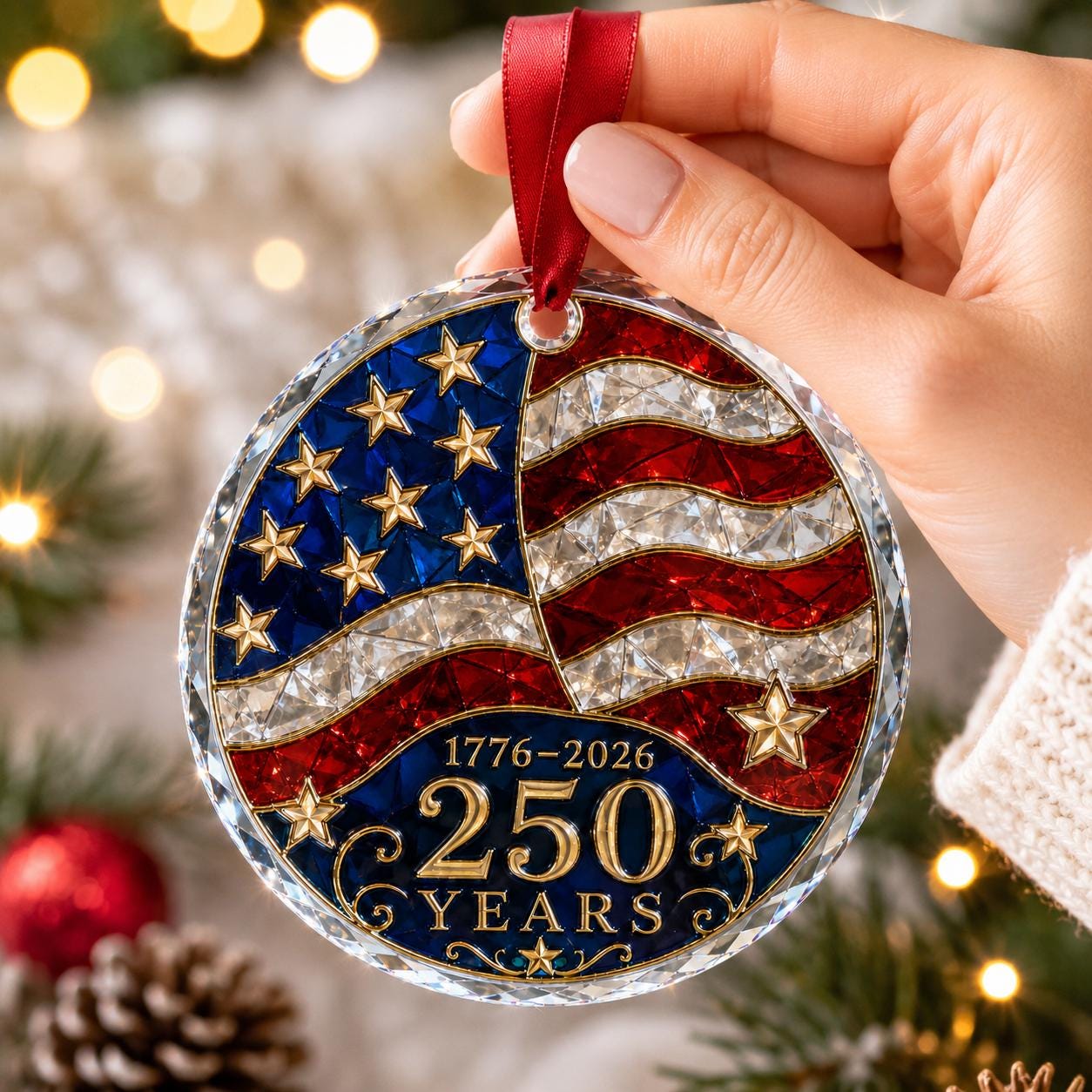 America 250 Glass Printed  Ornament, USA 250th Anniversary Christmas Ornament, Patriotic American Flag Ornament, 1776-2026 Keepsake