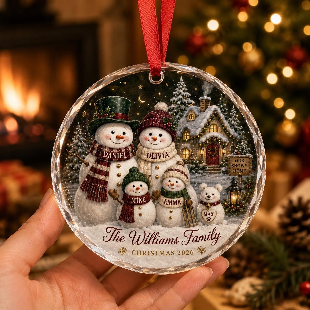 Personalized Family Snowman Crystal Glass Ornament, Custom Names and Pet, Christmas Keepsake, Family Holiday Gift, Christmas Tree Decor 2026