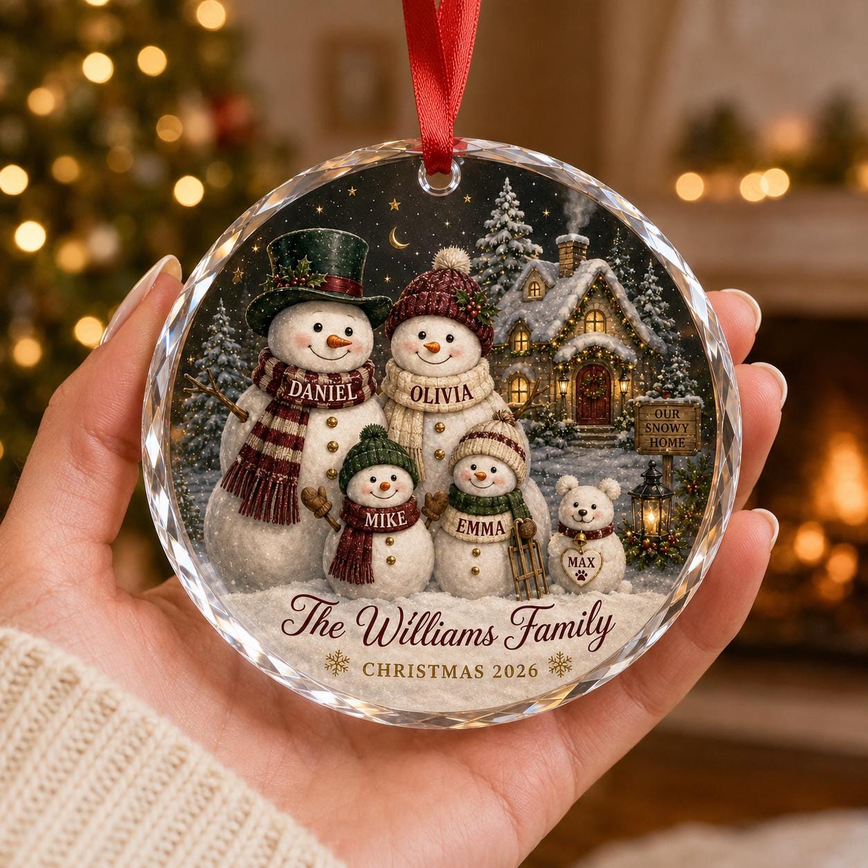 Personalized Family Snowman Crystal Glass Ornament, Custom Names and Pet, Christmas Keepsake, Family Holiday Gift, Christmas Tree Decor 2026