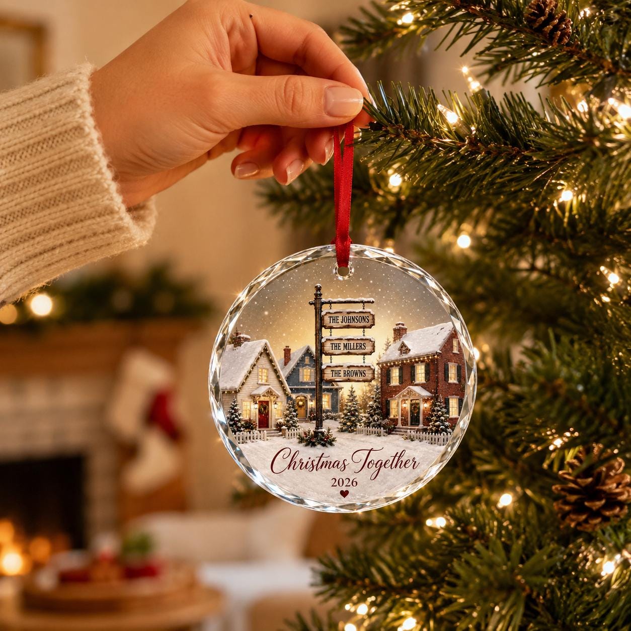 Personalized Family Neighbor Christmas Ornament, Custom Family Name Glass Ornament, Christmas Together Keepsake, Multi Family Holiday Gift