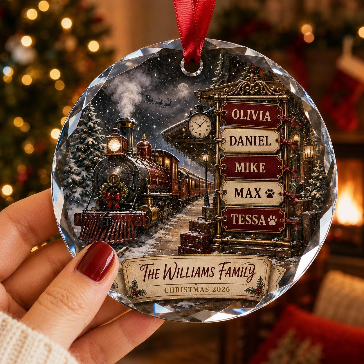 Personalized Family Train Christmas Glass Ornament, Custom Name Glass Ornament, Pet Family Holiday Keepsake, Christmas Family Decor 2026