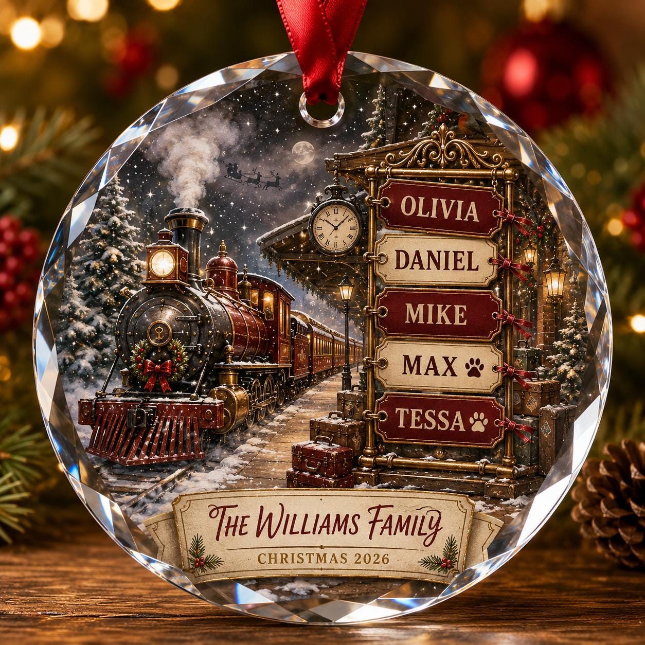 Personalized Family Train Christmas Glass Ornament, Custom Name Glass Ornament, Pet Family Holiday Keepsake, Christmas Family Decor 2026