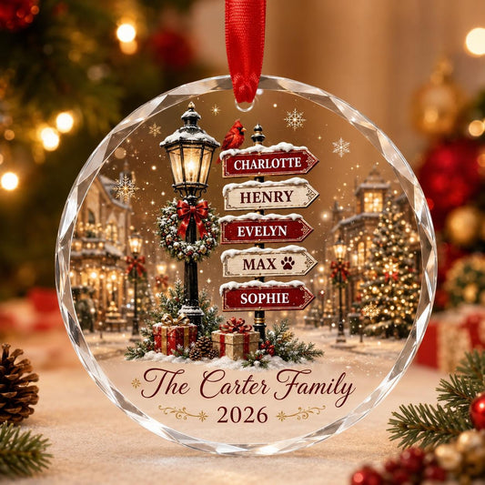 Personalized Family Christmas Ornament, Custom Name Crystal Glass Ornament, Family Christmas Keepsake, Snowy Village Holiday Gift 2026