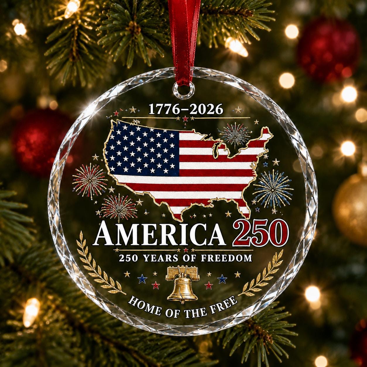 America 250 Ornament 2026, USA Patriotic Glass Ornament, American Flag Christmas Keepsake, 250 Years of Freedom Gift, Veteran Gift Ornament