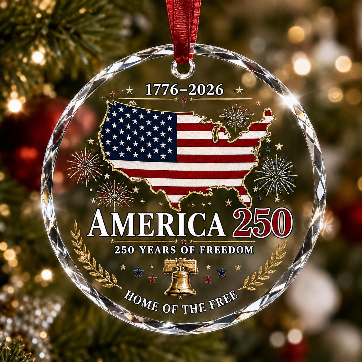 America 250 Ornament 2026, USA Patriotic Glass Ornament, American Flag Christmas Keepsake, 250 Years of Freedom Gift, Veteran Gift Ornament