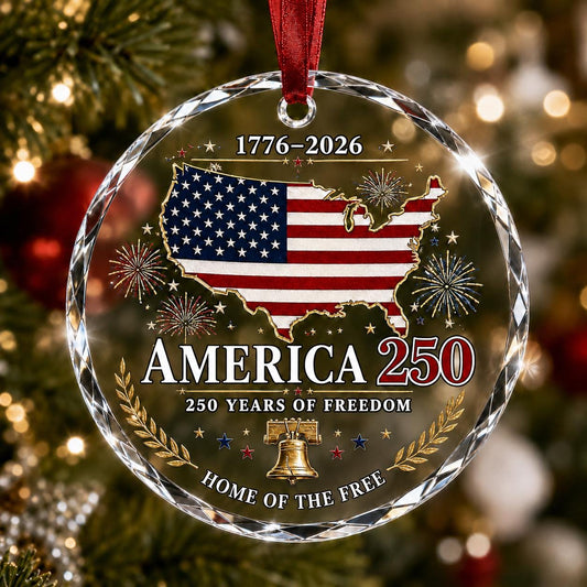 America 250 Ornament 2026, USA Patriotic Glass Ornament, American Flag Christmas Keepsake, 250 Years of Freedom Gift, Veteran Gift Ornament