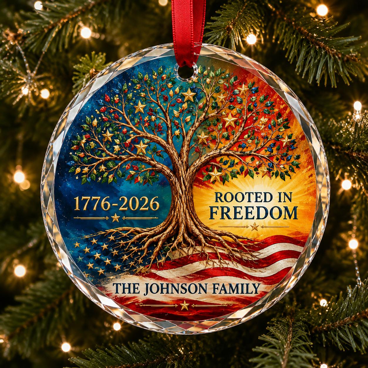 Personalized America 250 Family Glass Ornament, Rooted in Freedom Patriotic Christmas Ornament, Custom USA Name Keepsake Gift 2026 Ornament