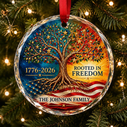 Personalized America 250 Family Glass Ornament, Rooted in Freedom Patriotic Christmas Ornament, Custom USA Name Keepsake Gift 2026 Ornament