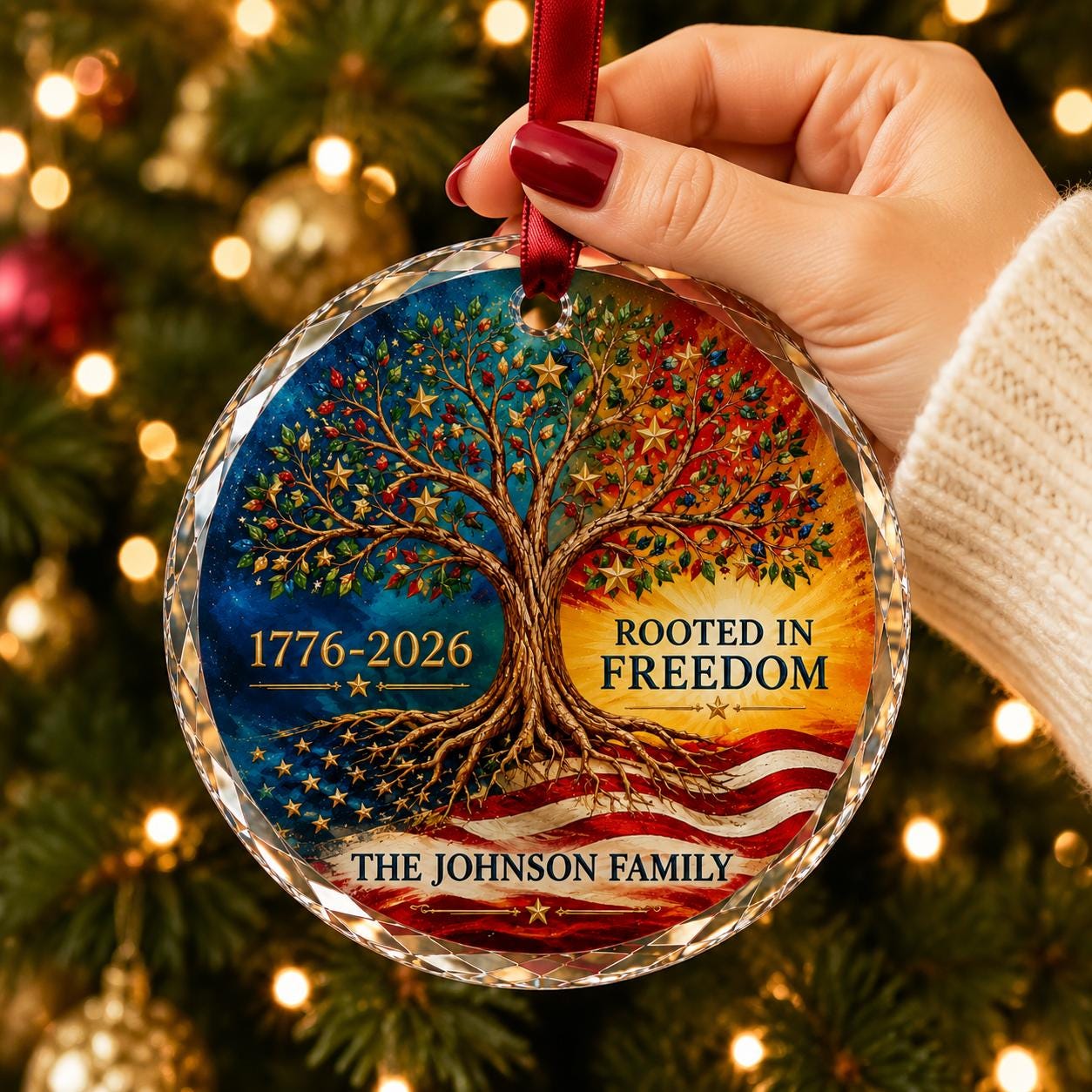 Personalized America 250 Family Glass Ornament, Rooted in Freedom Patriotic Christmas Ornament, Custom USA Name Keepsake Gift 2026 Ornament