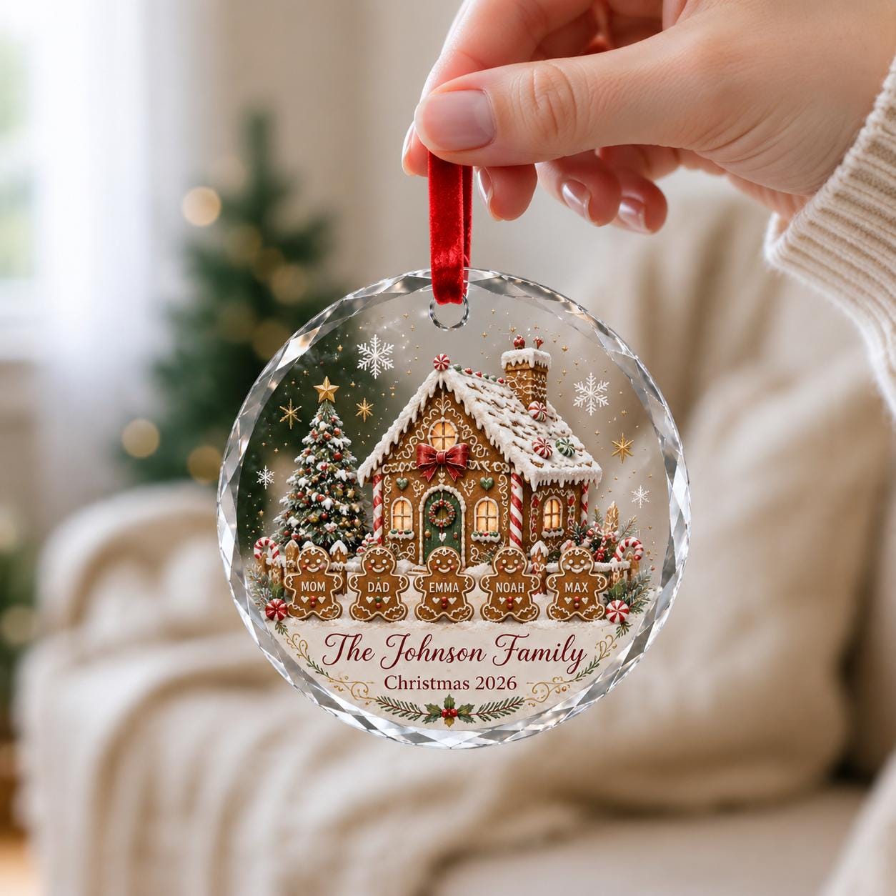 Personalized Gingerbread Family Glass Ornament, Custom Name Christmas Ornament, Family Holiday Keepsake Gift, Christmas Tree Decor 2026