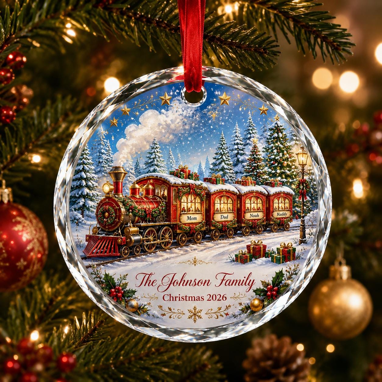 Personalized Family Train Glass Ornament, Custom Name Christmas Train Ornament, Holiday Family Keepsake Gift, Christmas Decor Ornament 2026