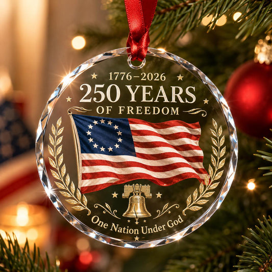 America 250th Anniversary Glass Ornament, Vintage American Flag Christmas Keepsake, 1776–2026 Patriotic Freedom Gift, Liberty Bell Decor