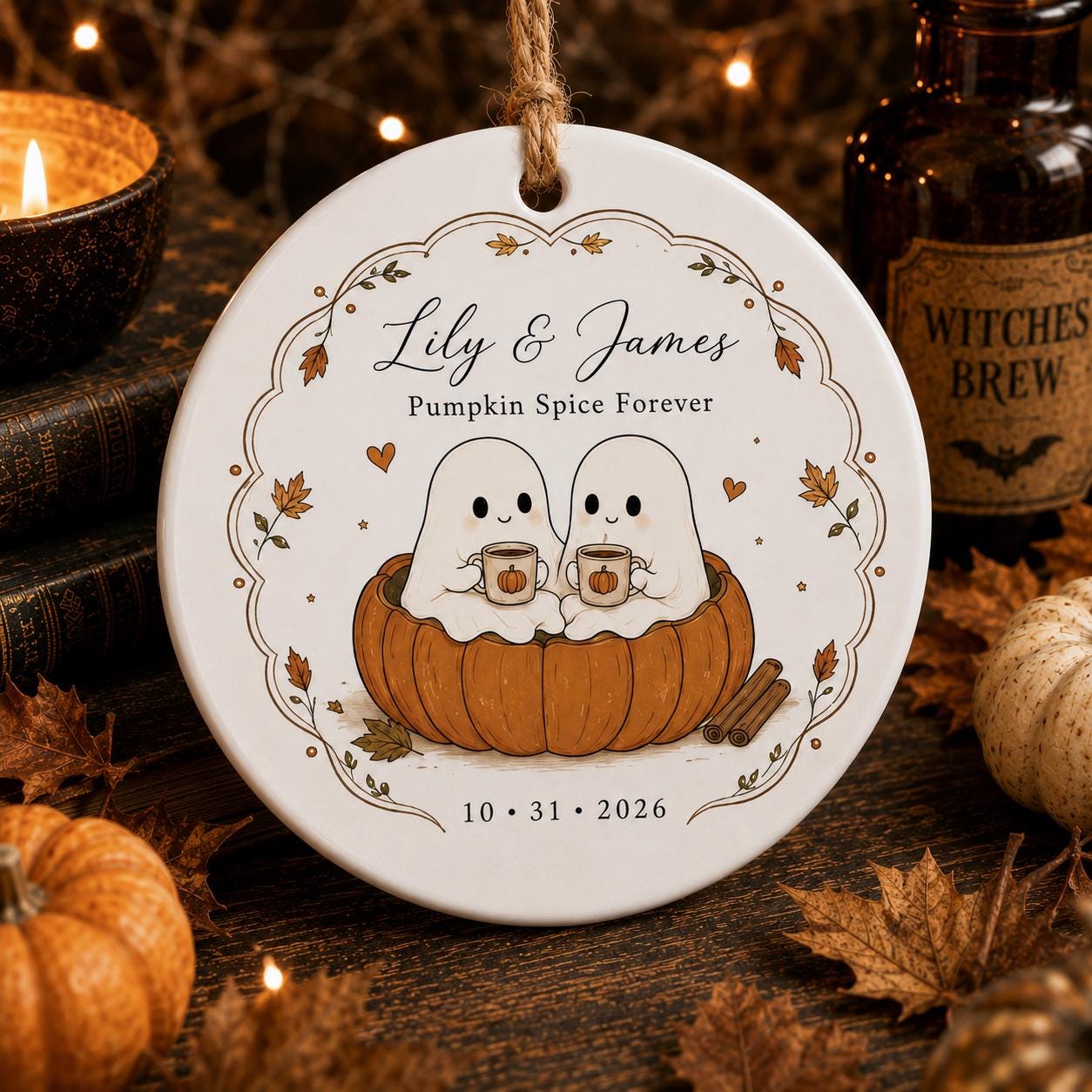 Personalized Ghost Couple Halloween Ornament, Custom Cute Ghost Book Club Ceramic Ornament, Fall Pumpkin Keepsake Gift Halloween Gift