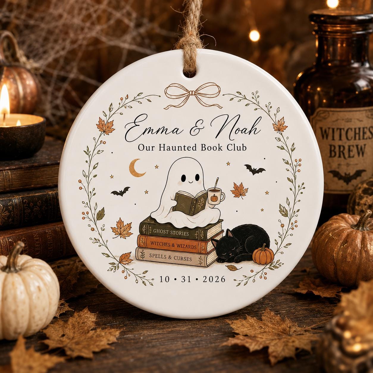 Personalized Ghost Couple Halloween Ornament, Custom Cute Ghost Book Club Ceramic Ornament, Fall Pumpkin Keepsake Gift Halloween Gift