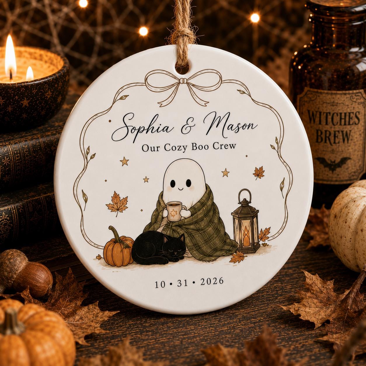Personalized Ghost Couple Halloween Ornament, Custom Cute Ghost Book Club Ceramic Ornament, Fall Pumpkin Keepsake Gift Halloween Gift