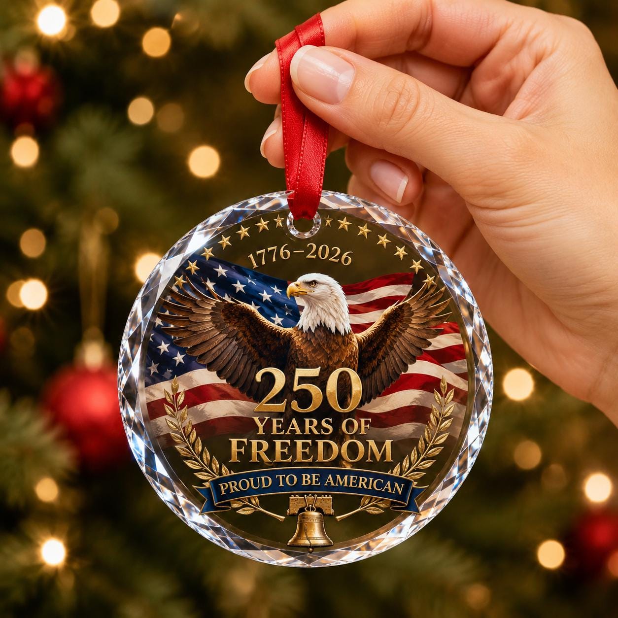 America 250 Bald Eagle Glass Ornament, Patriotic American Flag Christmas Keepsake, 1776–2026 Freedom Gift, Proud to be American Decor 2026