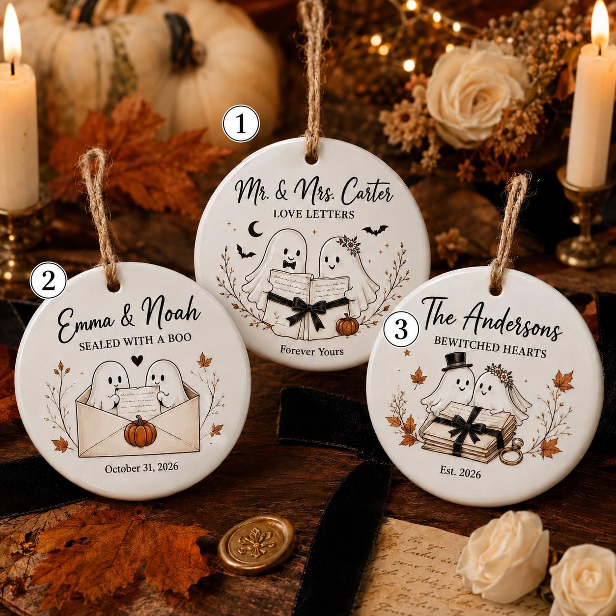 Personalized Ghost Love Letter Halloween Ornament, Custom Ceramic Couple Ornament, Spooky Wedding Gift, Fall Keepsake Decor Halloween Gift