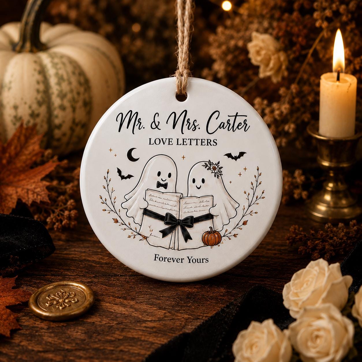 Personalized Ghost Love Letter Halloween Ornament, Custom Ceramic Couple Ornament, Spooky Wedding Gift, Fall Keepsake Decor Halloween Gift