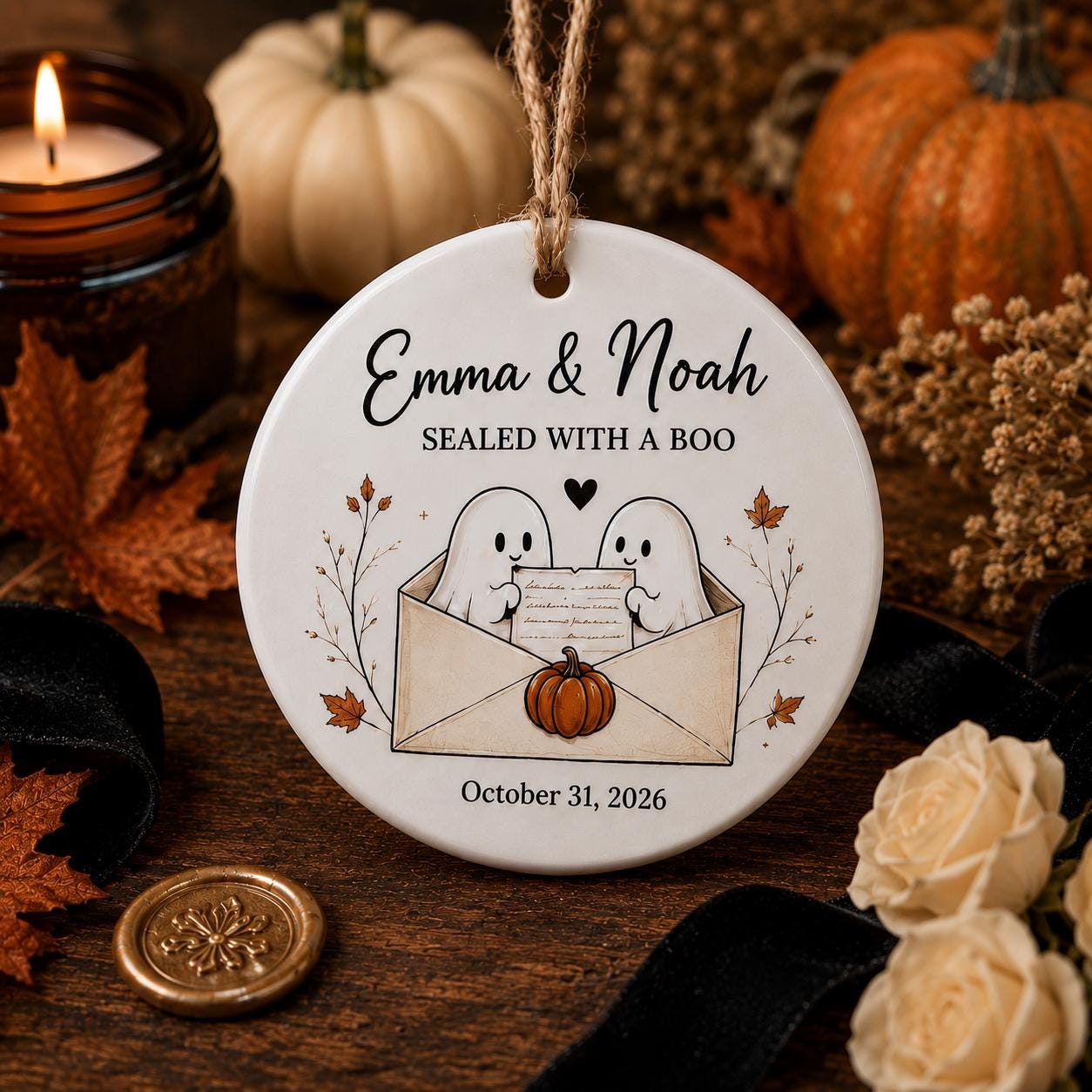 Personalized Ghost Love Letter Halloween Ornament, Custom Ceramic Couple Ornament, Spooky Wedding Gift, Fall Keepsake Decor Halloween Gift
