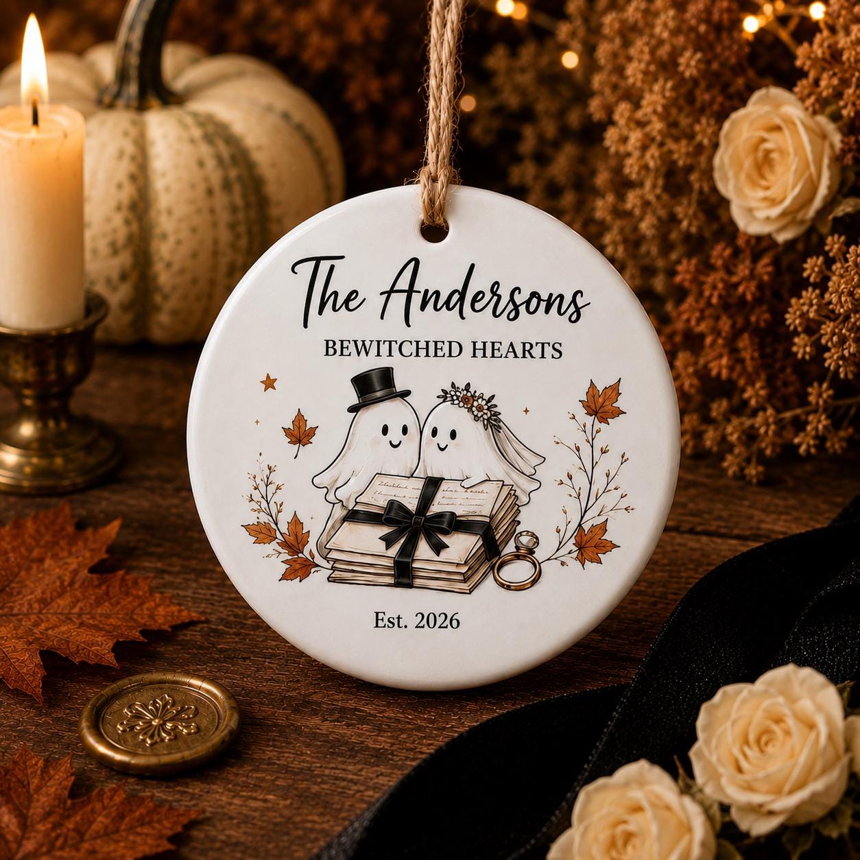 Personalized Ghost Love Letter Halloween Ornament, Custom Ceramic Couple Ornament, Spooky Wedding Gift, Fall Keepsake Decor Halloween Gift