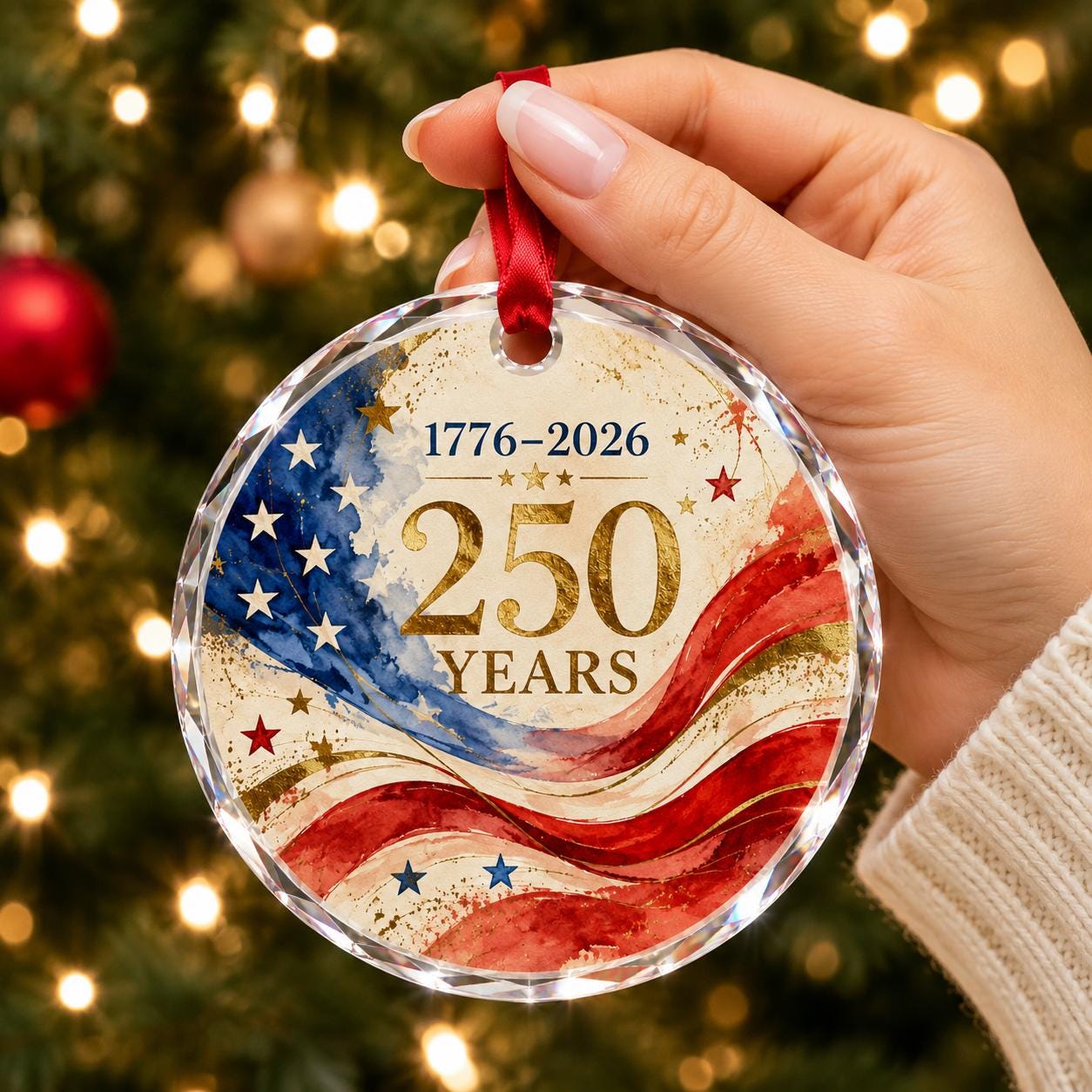 America 250 Glass Ornament 2026, Patriotic USA Flag Christmas Ornament, 1776-2026 Freedom Keepsake, 250th Anniversary Holiday Gift USA Decor