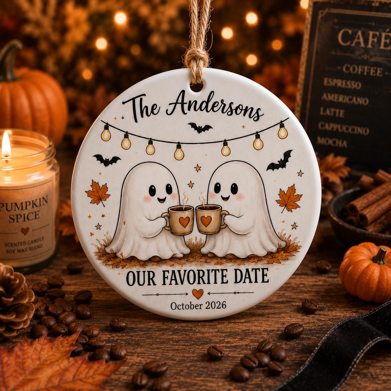 Personalized Ghost Coffee Halloween Ornament, Custom Ceramic Couple Ornament, Pumpkin Spice Lovers Gift, Fall Coffee Keepsake Decor Ornament