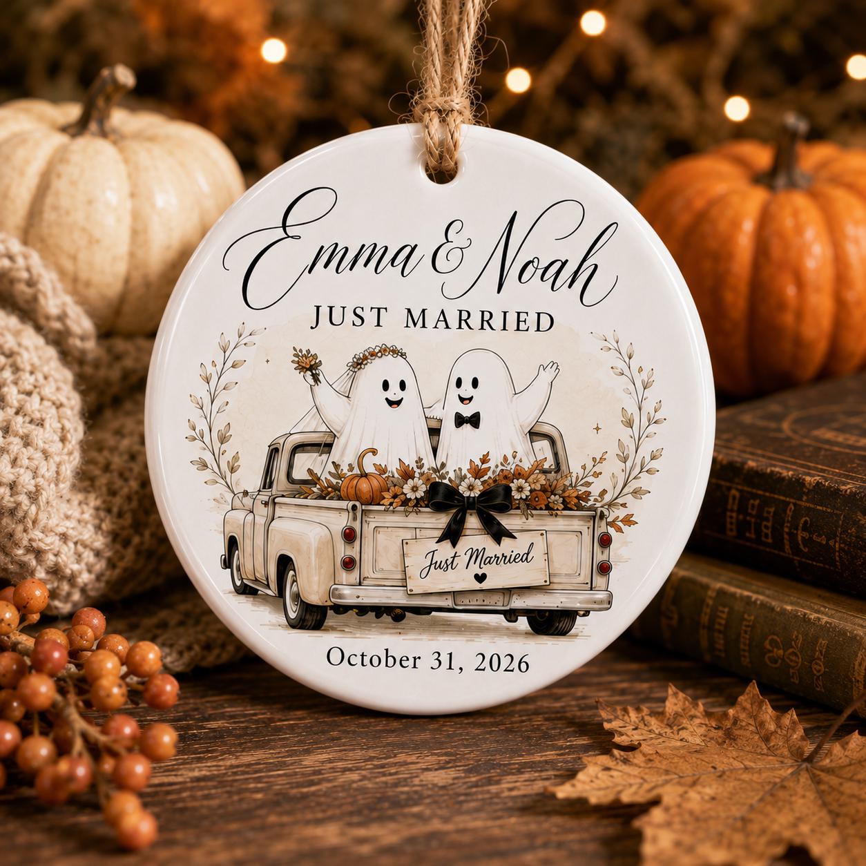 Personalized Ghost Wedding Halloween Ornament, Custom Ceramic Newlywed Ornament, Just Married Gift, First Halloween Married Keepsake