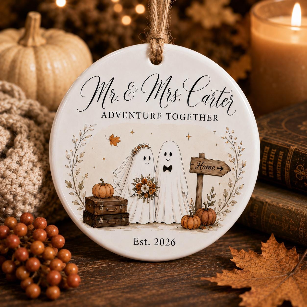 Personalized Ghost Wedding Halloween Ornament, Custom Ceramic Newlywed Ornament, Just Married Gift, First Halloween Married Keepsake