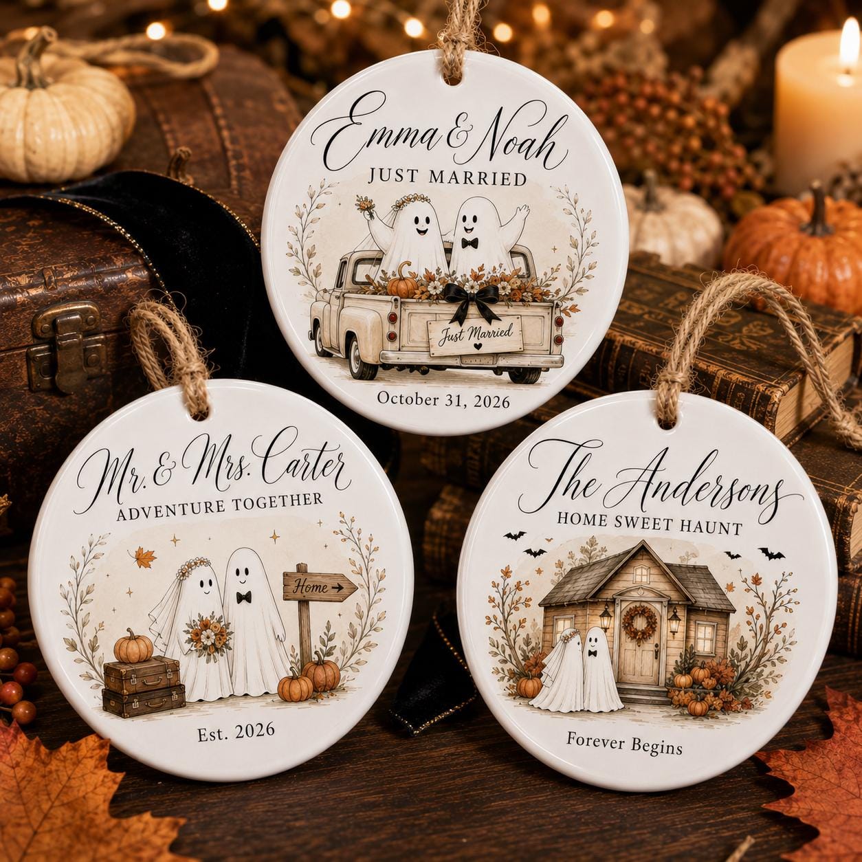 Personalized Ghost Wedding Halloween Ornament, Custom Ceramic Newlywed Ornament, Just Married Gift, First Halloween Married Keepsake